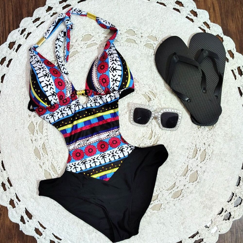 Rosewe Medium Women's Tie Back Metal Pendant Tribal Print One Piece Swimwear